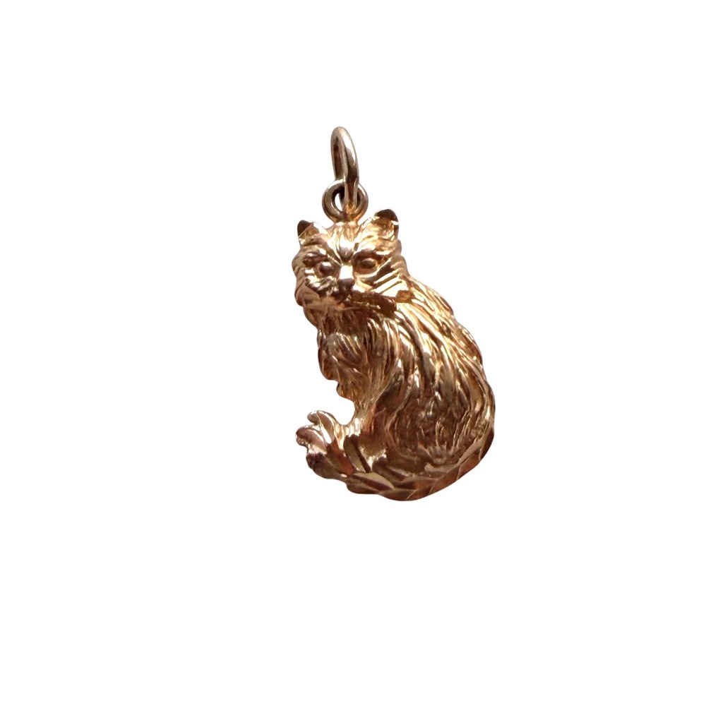 Vintage 14K Yellow Gold Cat Charm Pendant Textured Feline Jewelry 2.14g